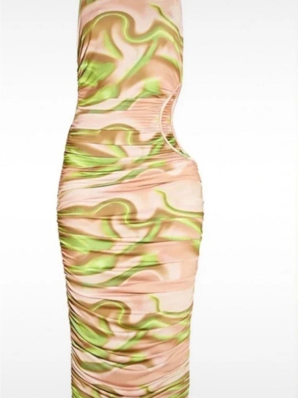 PrettyLittleThing One-Shoulder Ruched Midi Dress in Peach and Lime Swirl